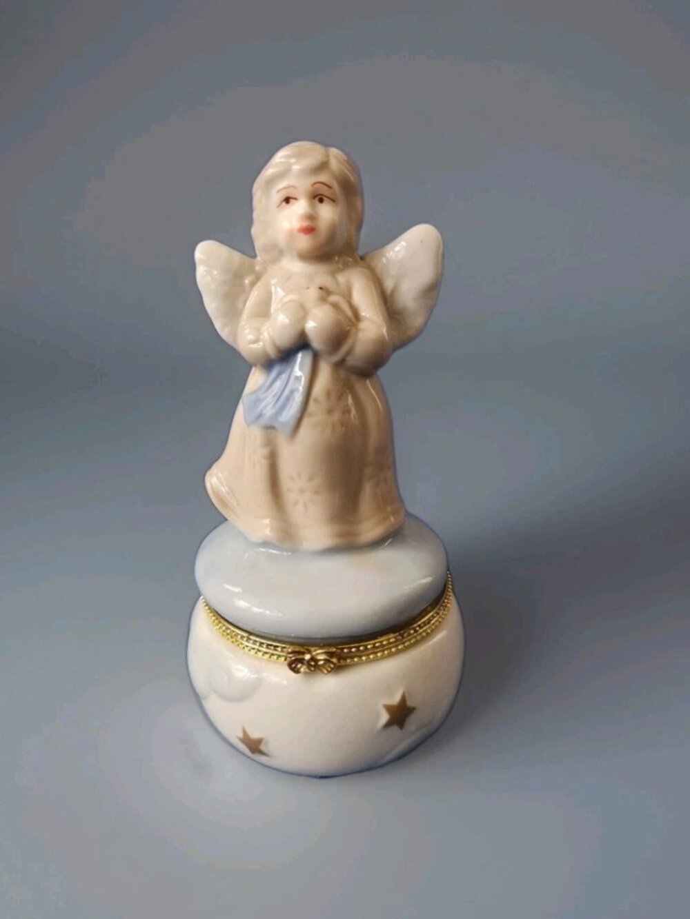 Vintage Trinket Angel Jewelry Treasure Box Hinged 5” Tall Ceramic Collectible